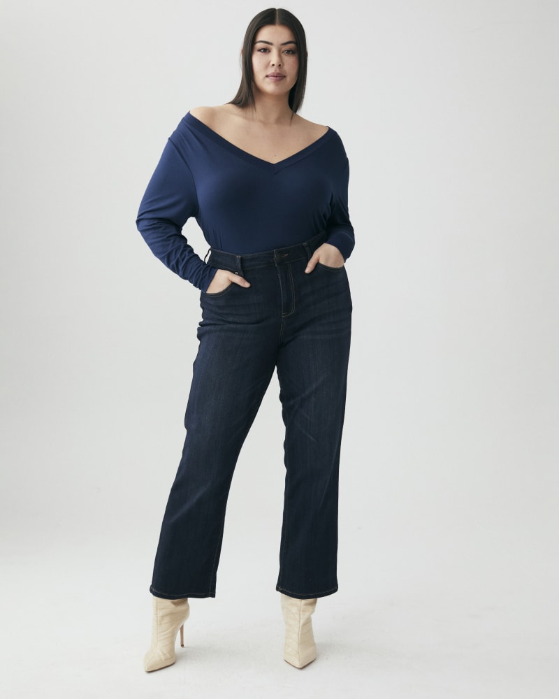 Front of a model wearing a size 16 Riverside Straight-Leg Jeans in Dark Wash by Molly & Isadora. | dia_product_style_image_id:266939